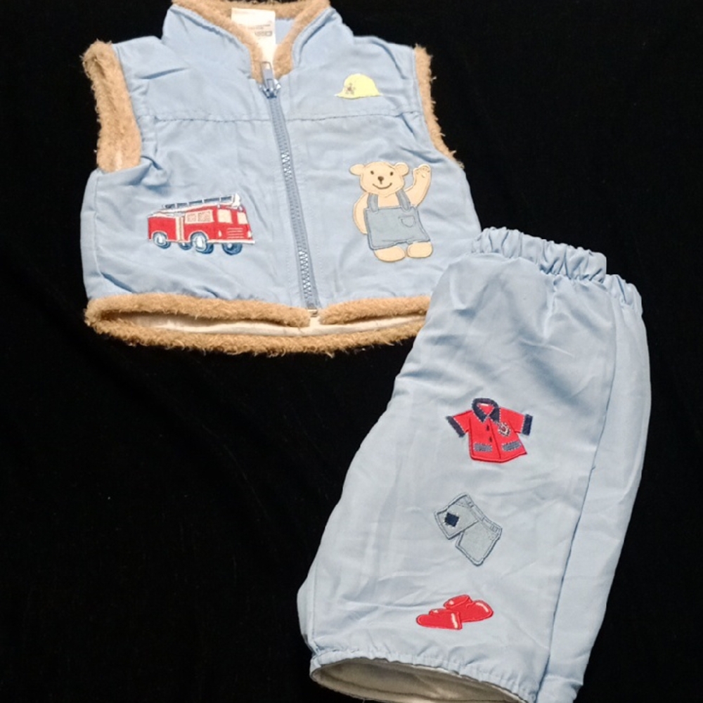 Blue Kids Matching Set with Bear and Fire Truck Design